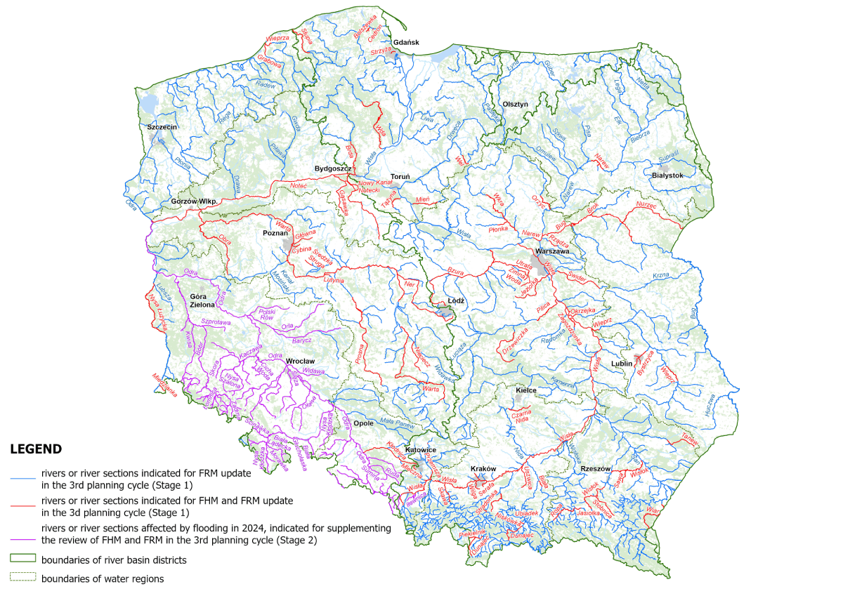 mapa z oznaczonymi rzekami które podlegają aktualizacji