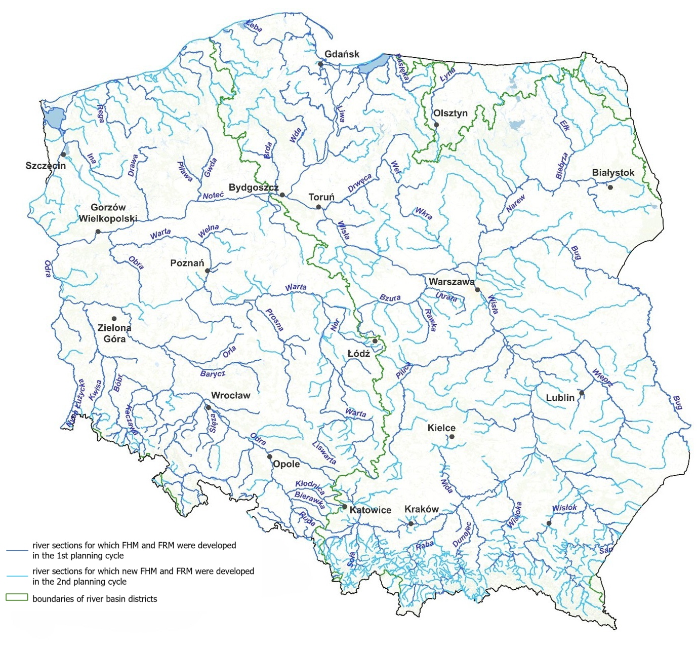 mapa z oznaczonymi rzekami podlegającymi przeglądowi