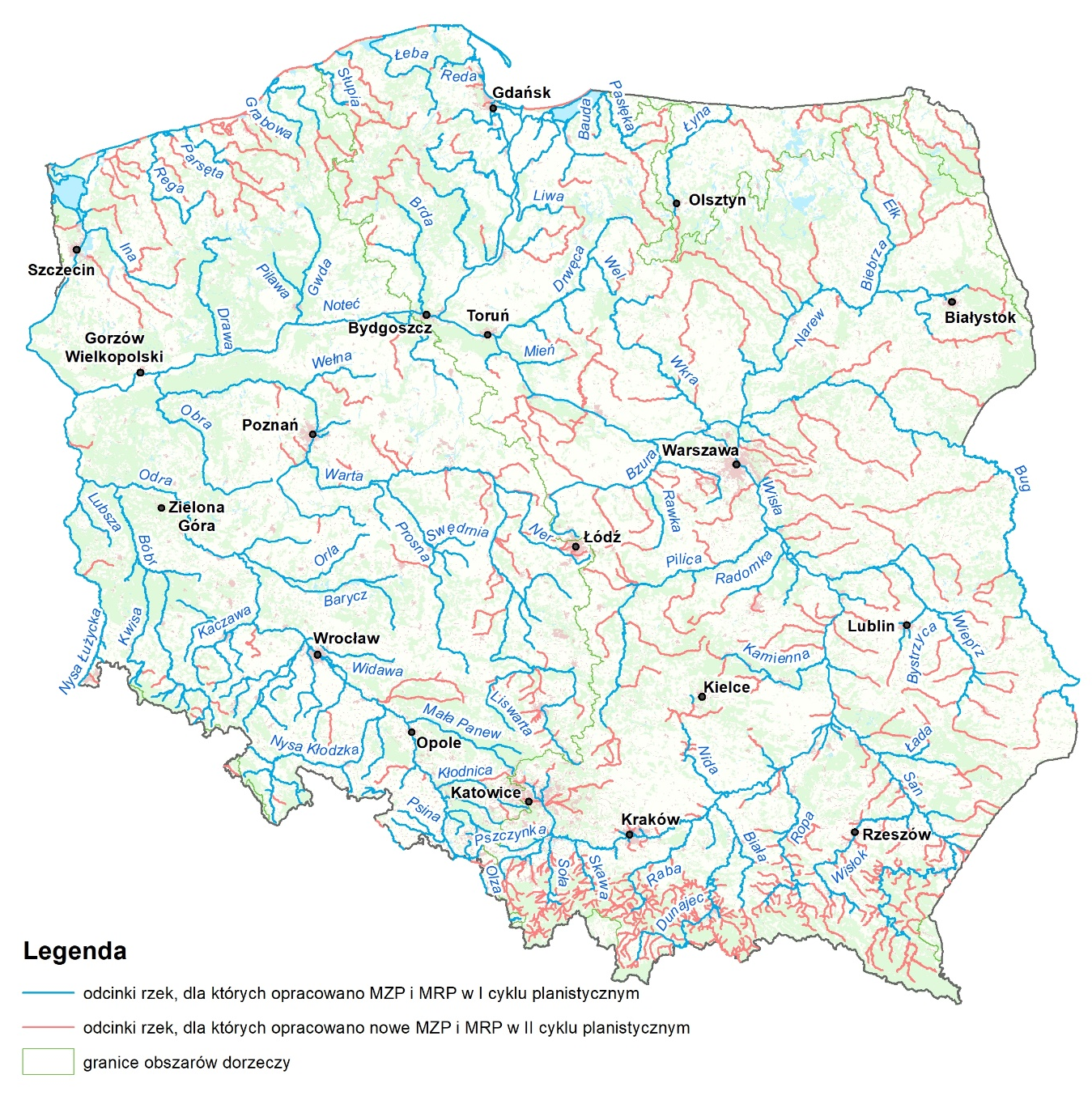 Rzeki lub odcinki rzek, dla których sporządzono MZP i MRP w II cyklu planistycznym